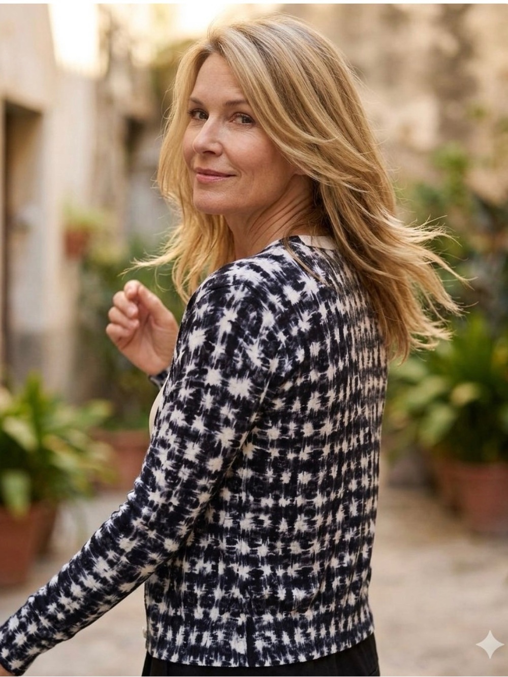 Moda International Blue and White Abstract Knit Button Cadigan
